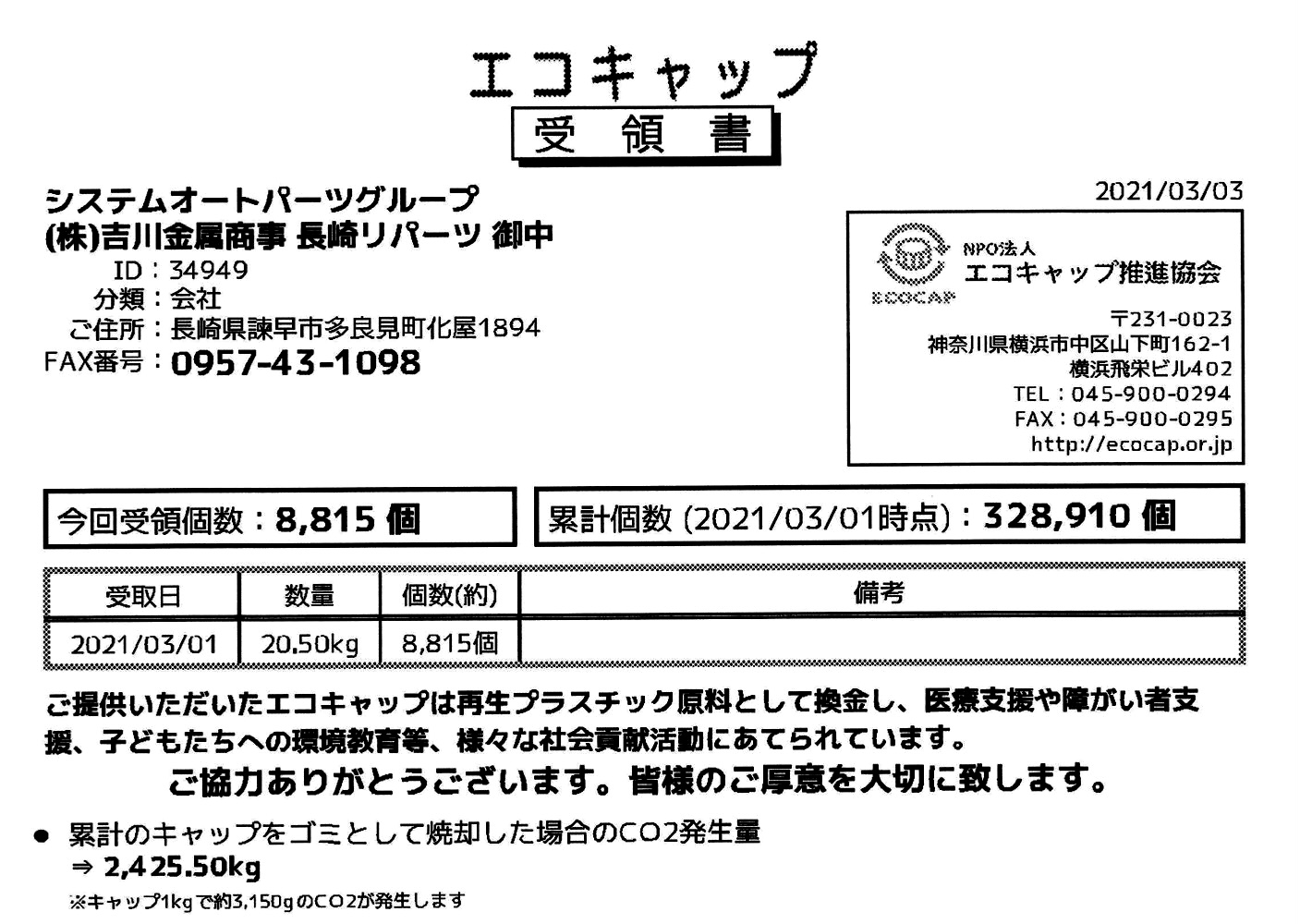 8,815個のキャップ　（記事はコチラ）